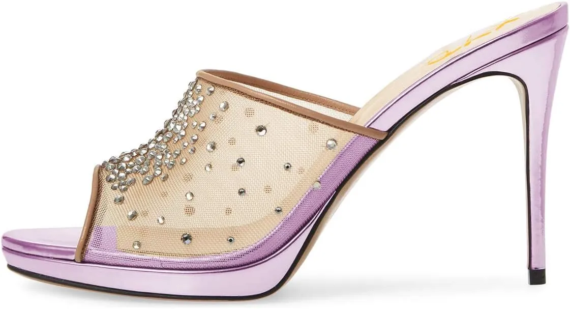 XYD Women High Heel Platform Peep Toe Mules Crystal Studded Mesh Slip On Casual Walking Dress Sandals