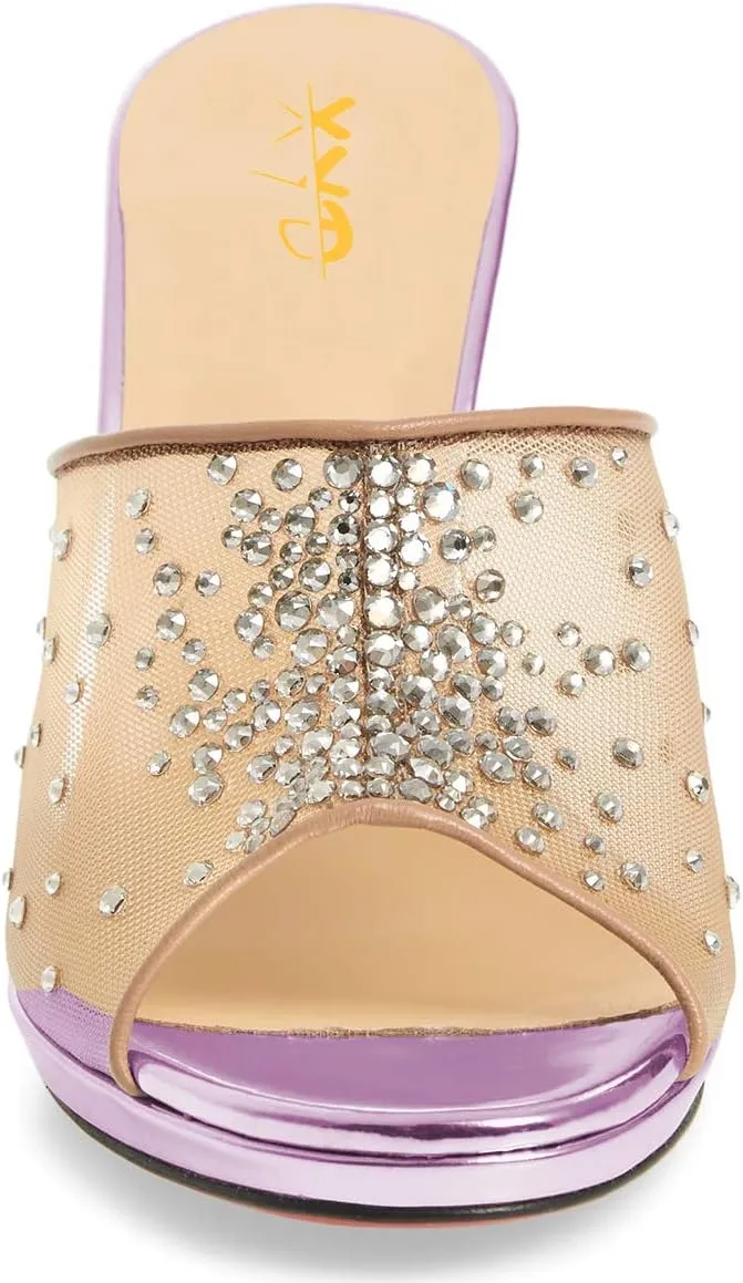 XYD Women High Heel Platform Peep Toe Mules Crystal Studded Mesh Slip On Casual Walking Dress Sandals