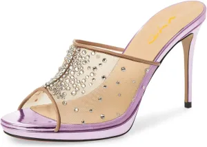 XYD Women High Heel Platform Peep Toe Mules Crystal Studded Mesh Slip On Casual Walking Dress Sandals