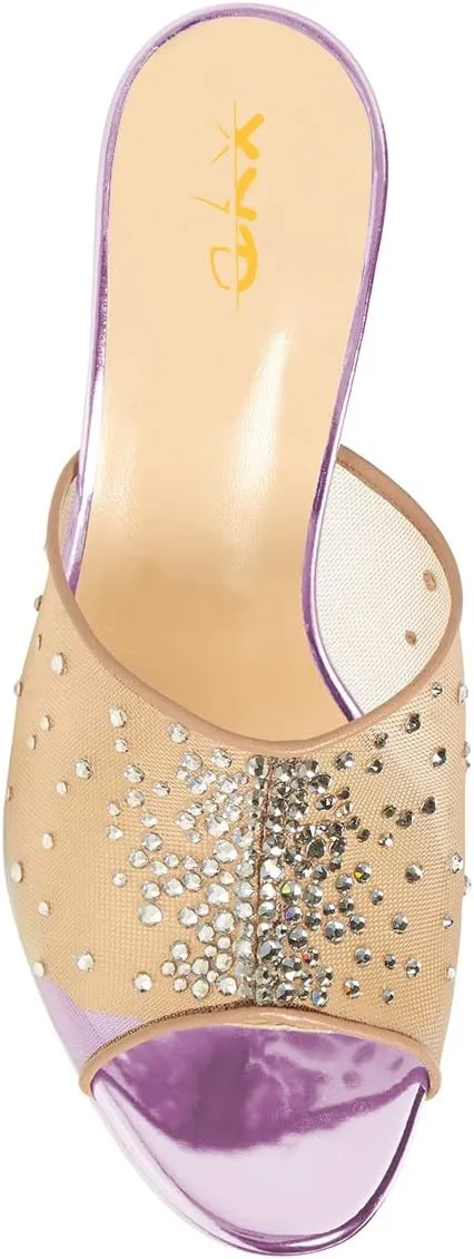 XYD Women High Heel Platform Peep Toe Mules Crystal Studded Mesh Slip On Casual Walking Dress Sandals