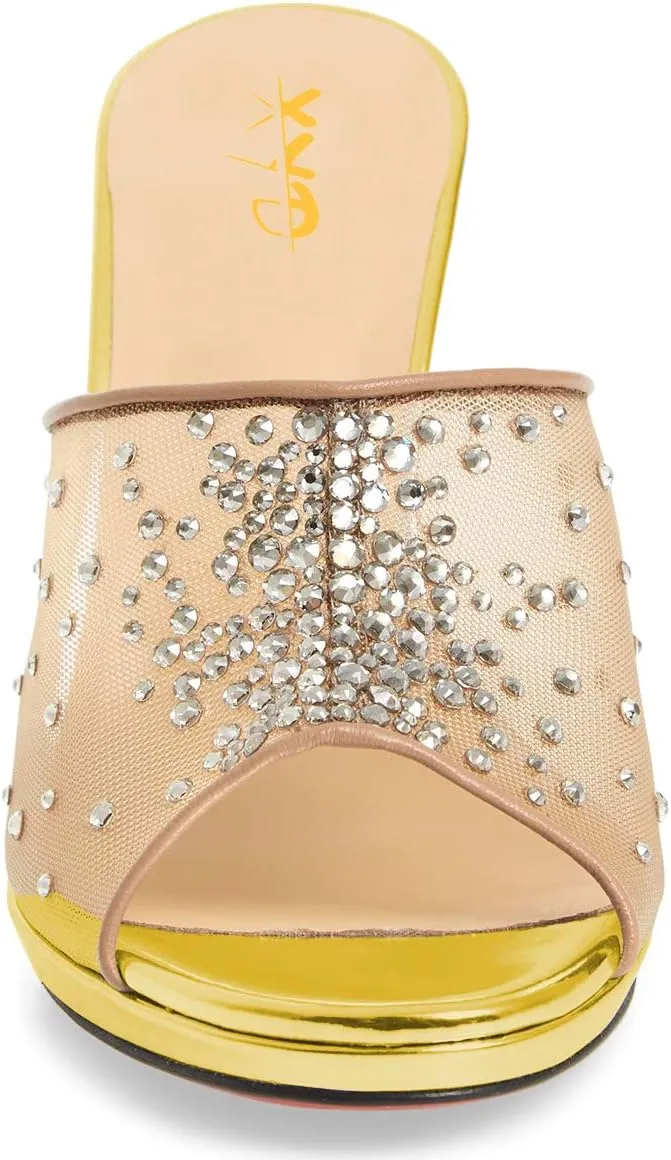 XYD Women High Heel Platform Peep Toe Mules Crystal Studded Mesh Slip On Casual Walking Dress Sandals