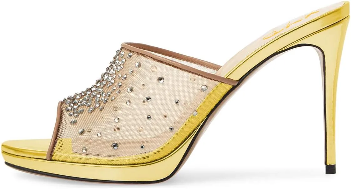 XYD Women High Heel Platform Peep Toe Mules Crystal Studded Mesh Slip On Casual Walking Dress Sandals