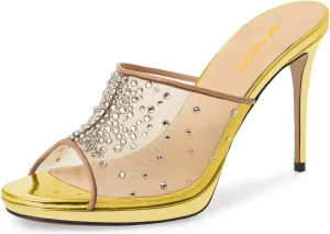 XYD Women High Heel Platform Peep Toe Mules Crystal Studded Mesh Slip On Casual Walking Dress Sandals