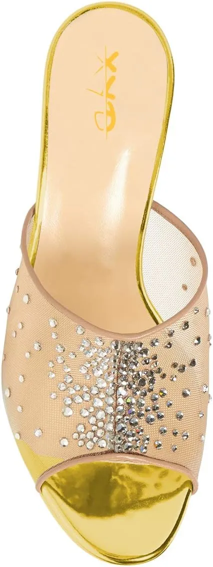 XYD Women High Heel Platform Peep Toe Mules Crystal Studded Mesh Slip On Casual Walking Dress Sandals