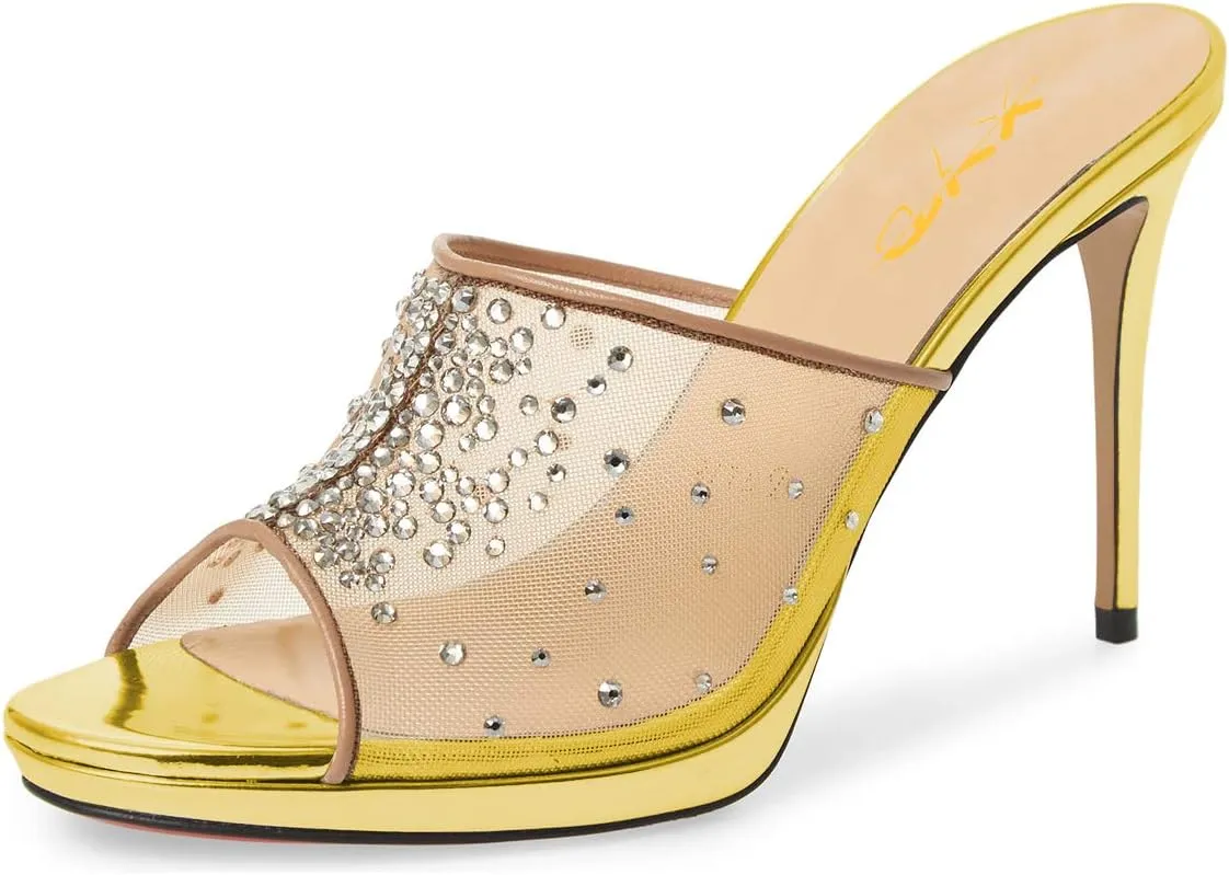 XYD Women High Heel Platform Peep Toe Mules Crystal Studded Mesh Slip On Casual Walking Dress Sandals