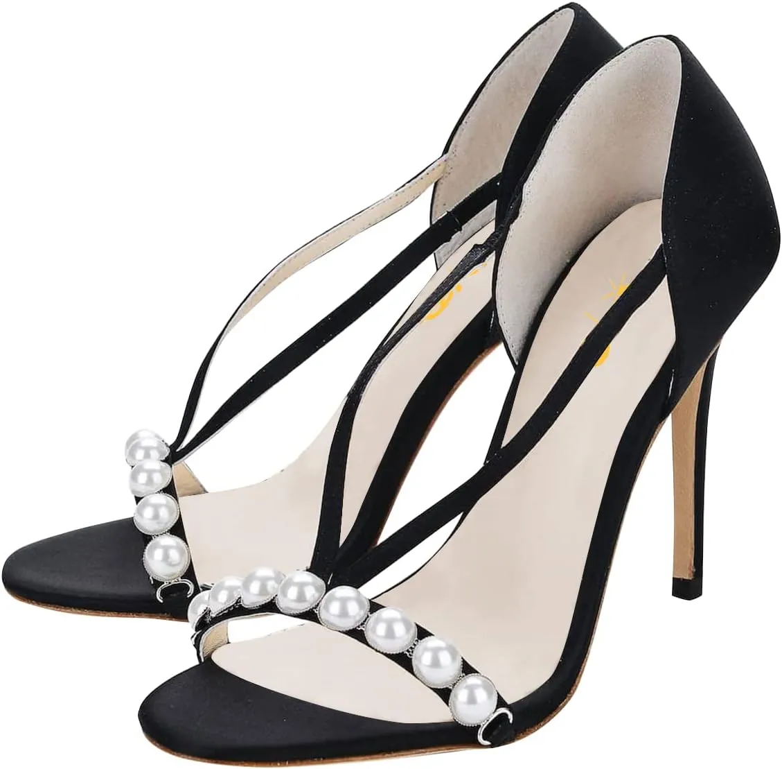 XYD Women Open Round Toe with Pure Pearl Two Strips Cross Vamp Slip On Stiletto Heels Sandals Casual Dress Chic Ladylike Shoes