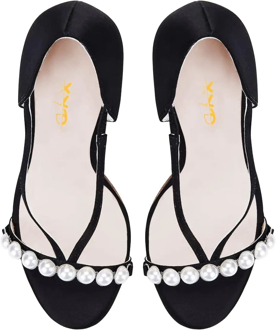 XYD Women Open Round Toe with Pure Pearl Two Strips Cross Vamp Slip On Stiletto Heels Sandals Casual Dress Chic Ladylike Shoes