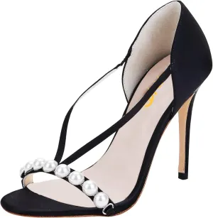 XYD Women Open Round Toe with Pure Pearl Two Strips Cross Vamp Slip On Stiletto Heels Sandals Casual Dress Chic Ladylike Shoes