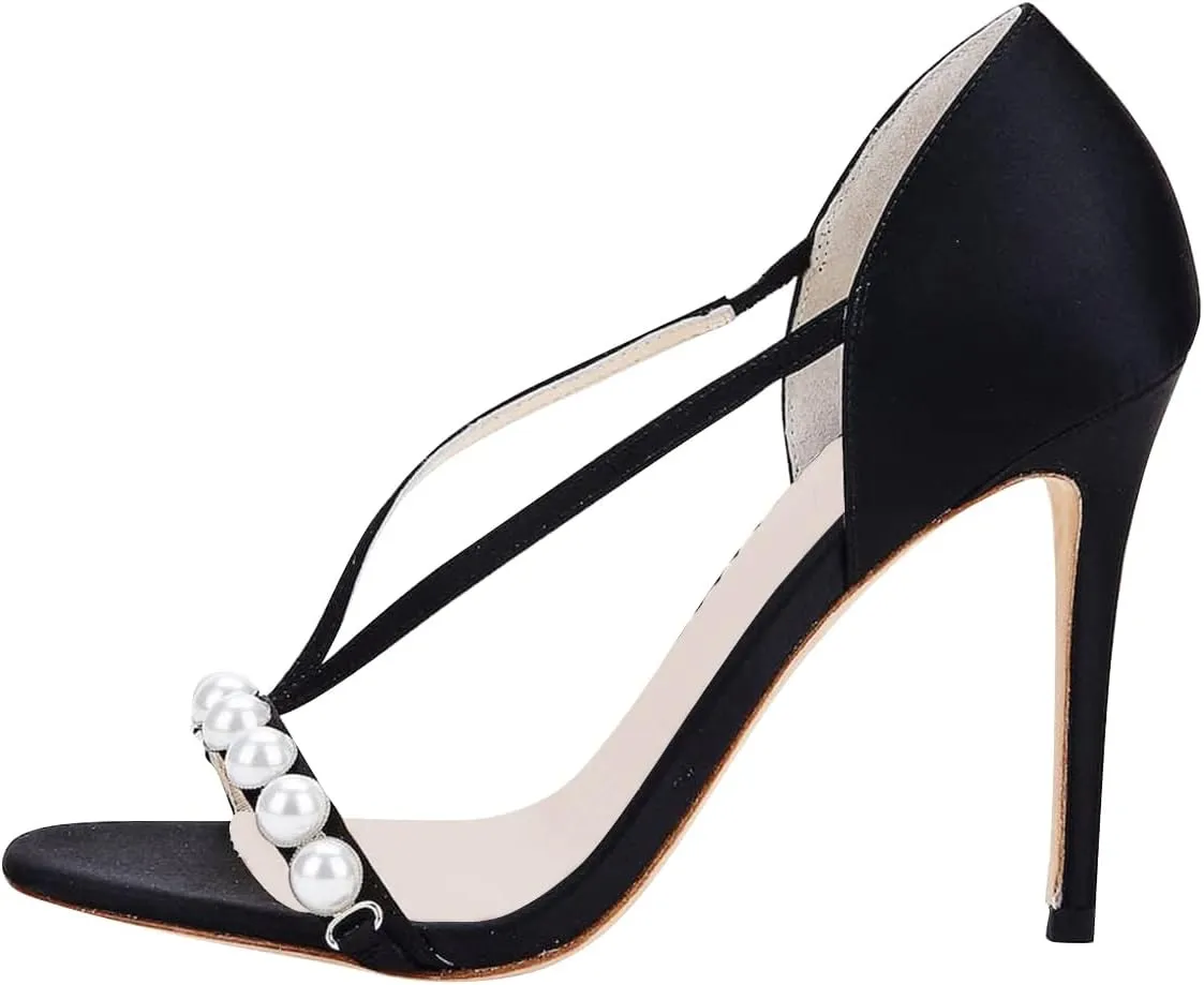 XYD Women Open Round Toe with Pure Pearl Two Strips Cross Vamp Slip On Stiletto Heels Sandals Casual Dress Chic Ladylike Shoes