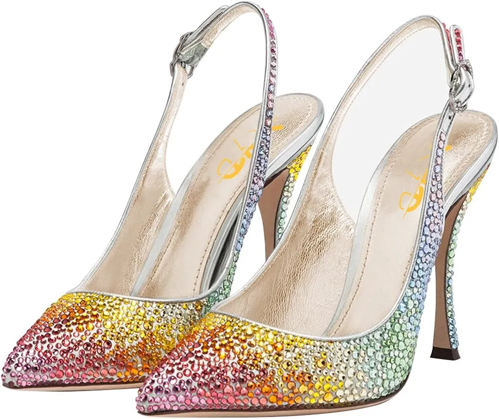 XYD Women Pointed Toe Stiletto Pumps Rhinestones Slingback High Heels Sandals Chic Party Wedding Dress Shoes