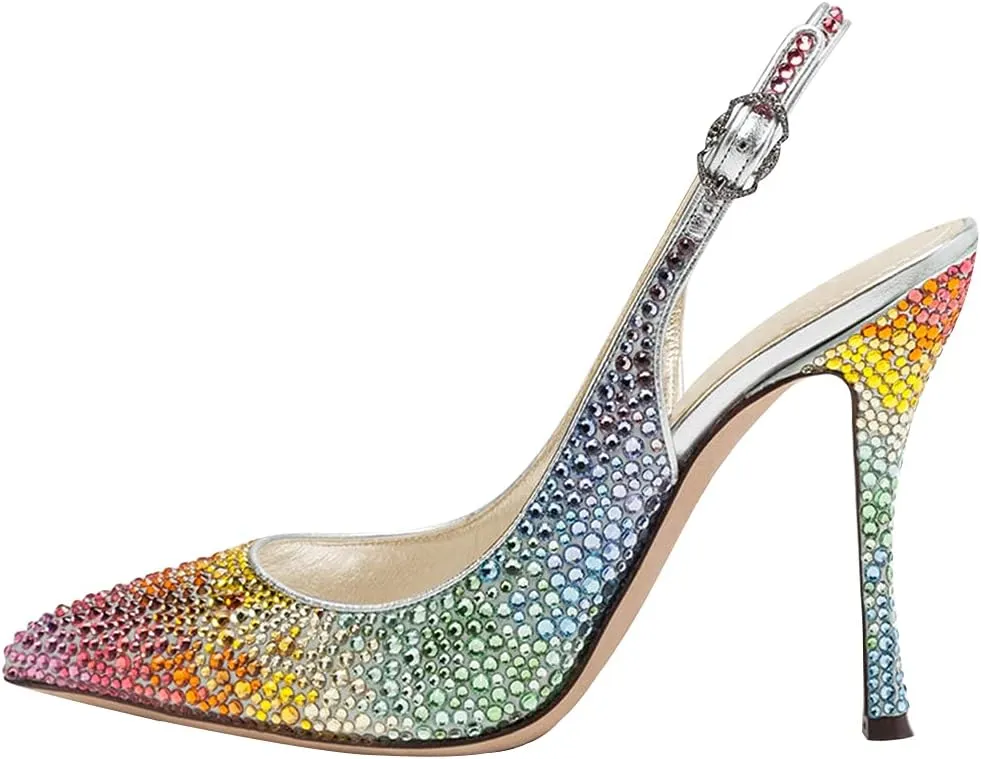 XYD Women Pointed Toe Stiletto Pumps Rhinestones Slingback High Heels Sandals Chic Party Wedding Dress Shoes