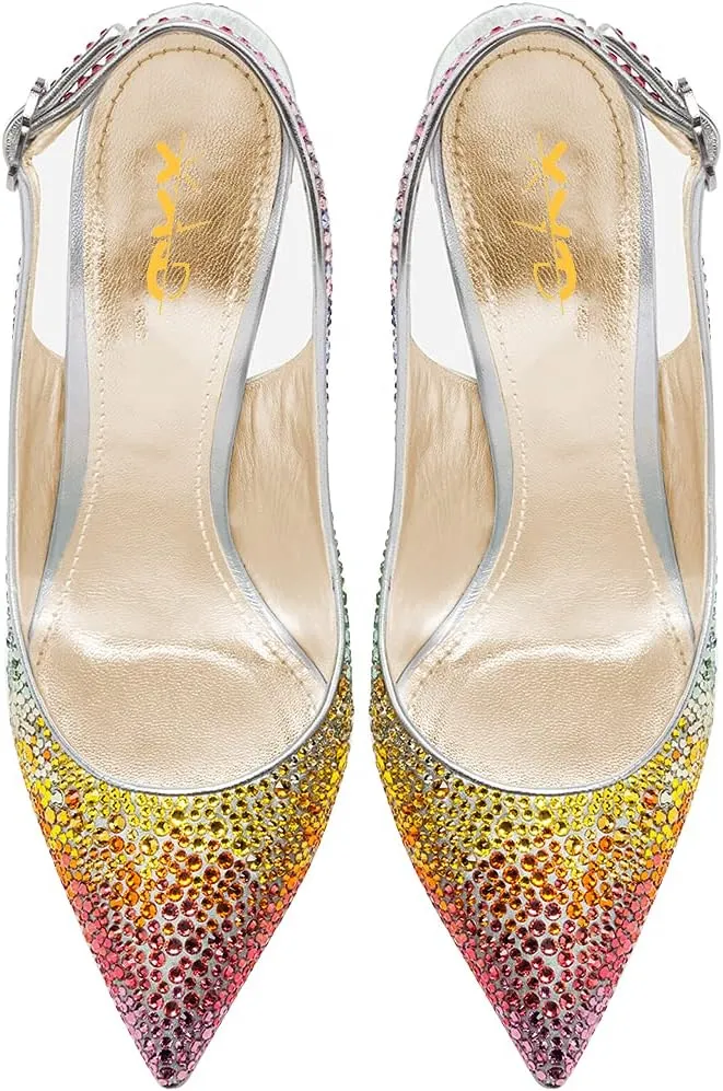XYD Women Pointed Toe Stiletto Pumps Rhinestones Slingback High Heels Sandals Chic Party Wedding Dress Shoes