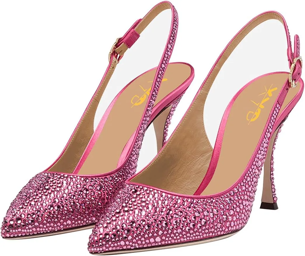 XYD Women Pointed Toe Stiletto Pumps Rhinestones Slingback High Heels Sandals Chic Party Wedding Dress Shoes