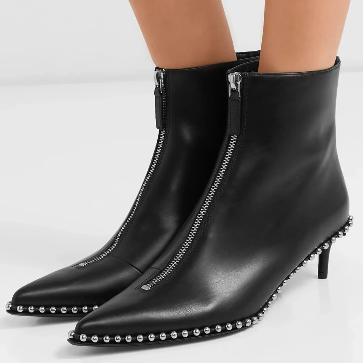 XYD Women Trendy Double Zips Ankle Boots with Studs Pointed Toe Kitten Low Heel Chic Office Dress Booties Shoes