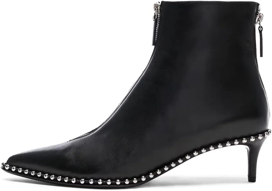 XYD Women Trendy Double Zips Ankle Boots with Studs Pointed Toe Kitten Low Heel Chic Office Dress Booties Shoes