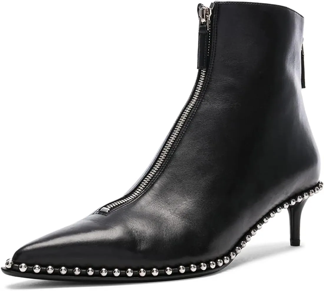 XYD Women Trendy Double Zips Ankle Boots with Studs Pointed Toe Kitten Low Heel Chic Office Dress Booties Shoes