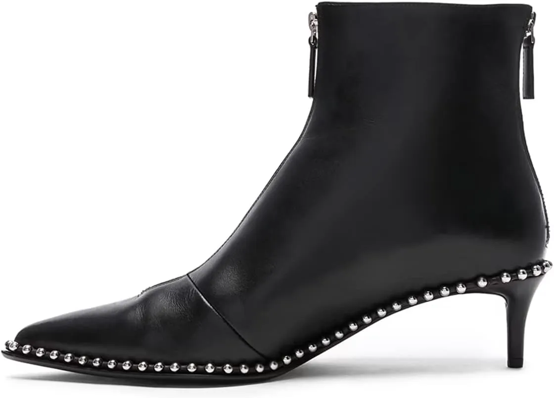 XYD Women Trendy Double Zips Ankle Boots with Studs Pointed Toe Kitten Low Heel Chic Office Dress Booties Shoes
