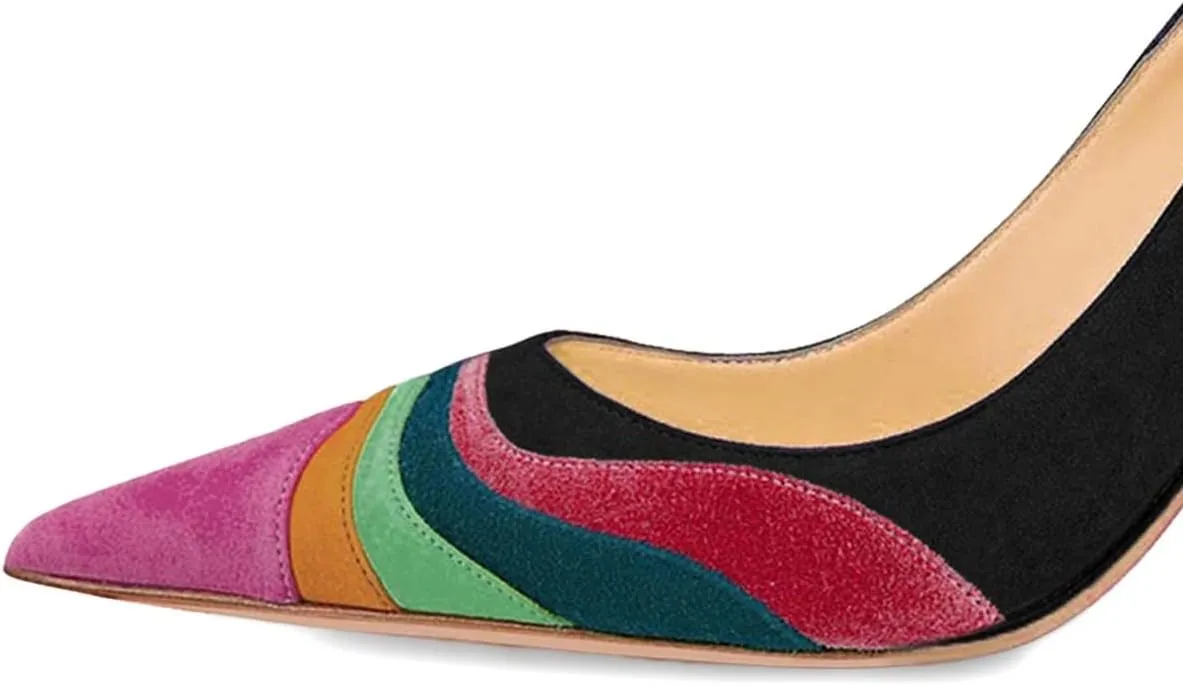 XYD Women Wave Pattern Pointed Toe Slip On Party Pumps Jewelry High Heel Colorful Rainbow Slip On Chic Dress Shoes