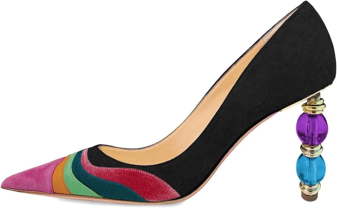 XYD Women Wave Pattern Pointed Toe Slip On Party Pumps Jewelry High Heel Colorful Rainbow Slip On Chic Dress Shoes