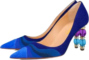 XYD Women Wave Pattern Pointed Toe Slip On Party Pumps Jewelry High Heel Colorful Rainbow Slip On Chic Dress Shoes