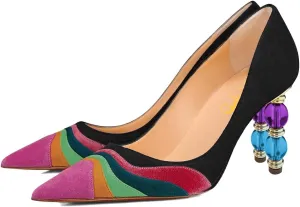 XYD Women Wave Pattern Pointed Toe Slip On Party Pumps Jewelry High Heel Colorful Rainbow Slip On Chic Dress Shoes
