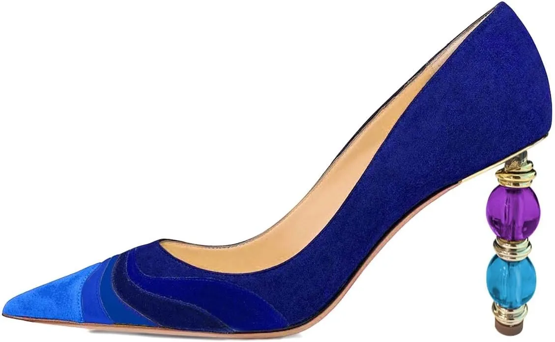 XYD Women Wave Pattern Pointed Toe Slip On Party Pumps Jewelry High Heel Colorful Rainbow Slip On Chic Dress Shoes