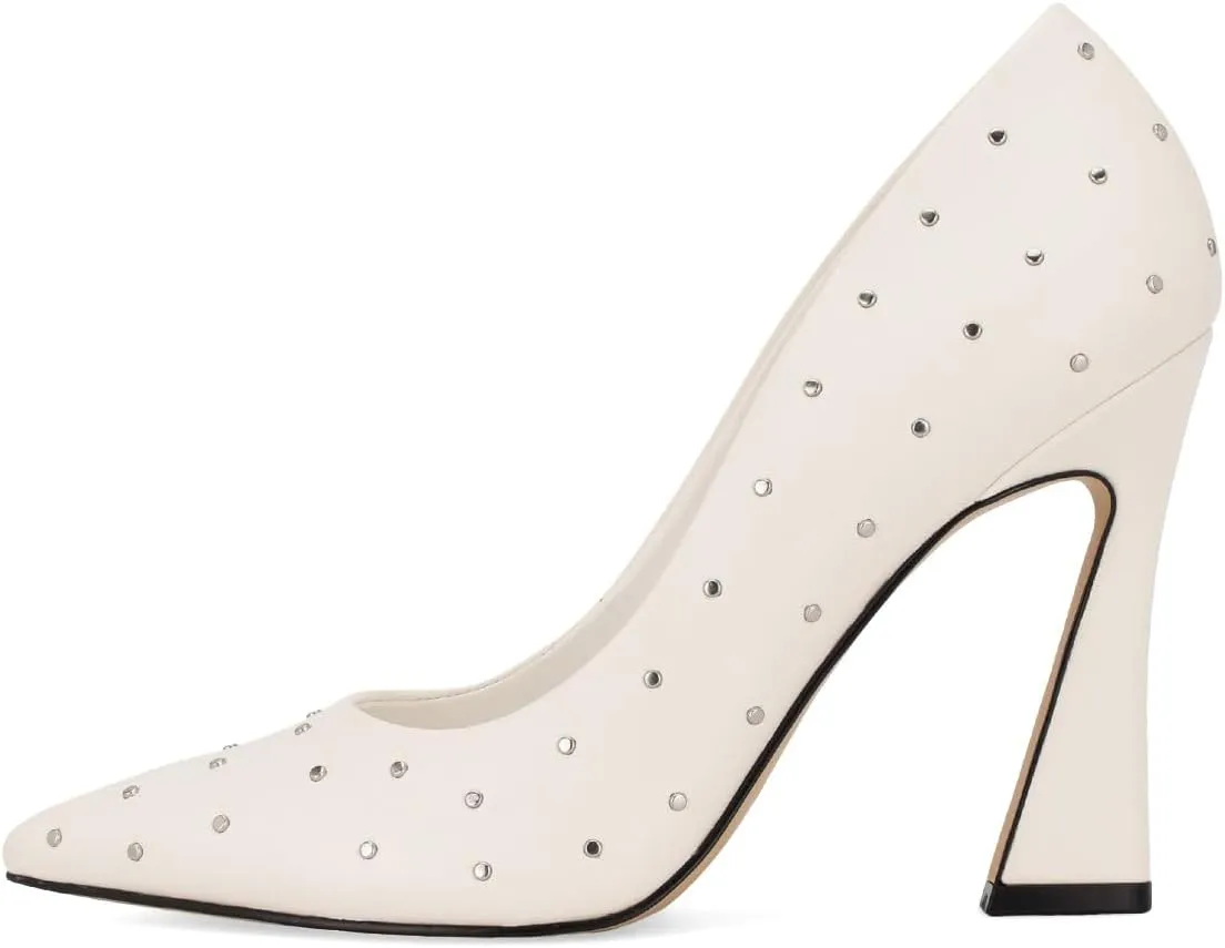 XYD Women's Chic Studs Pointed Closed Toe Slip On Pumps Block High Heels Formal Event Evening Dress Shoes