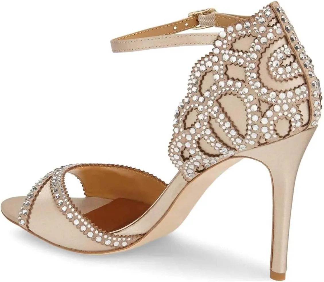 XYD Women's Sandals, Chic Peep Toe, D'Orsay Stiletto High Heels, Rhinestone Studs, Ankle Strap Satin Shoes for Wedding Ballroom