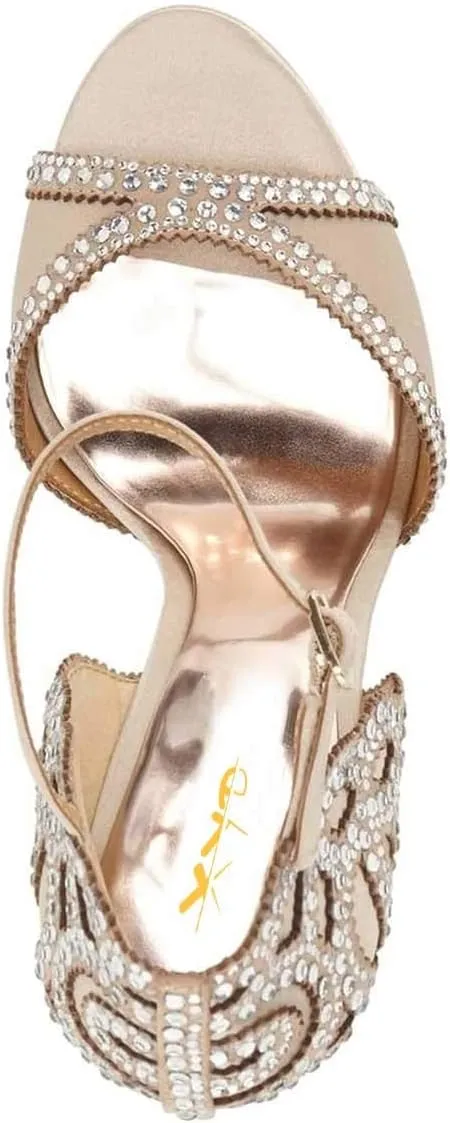 XYD Women's Sandals, Chic Peep Toe, D'Orsay Stiletto High Heels, Rhinestone Studs, Ankle Strap Satin Shoes for Wedding Ballroom