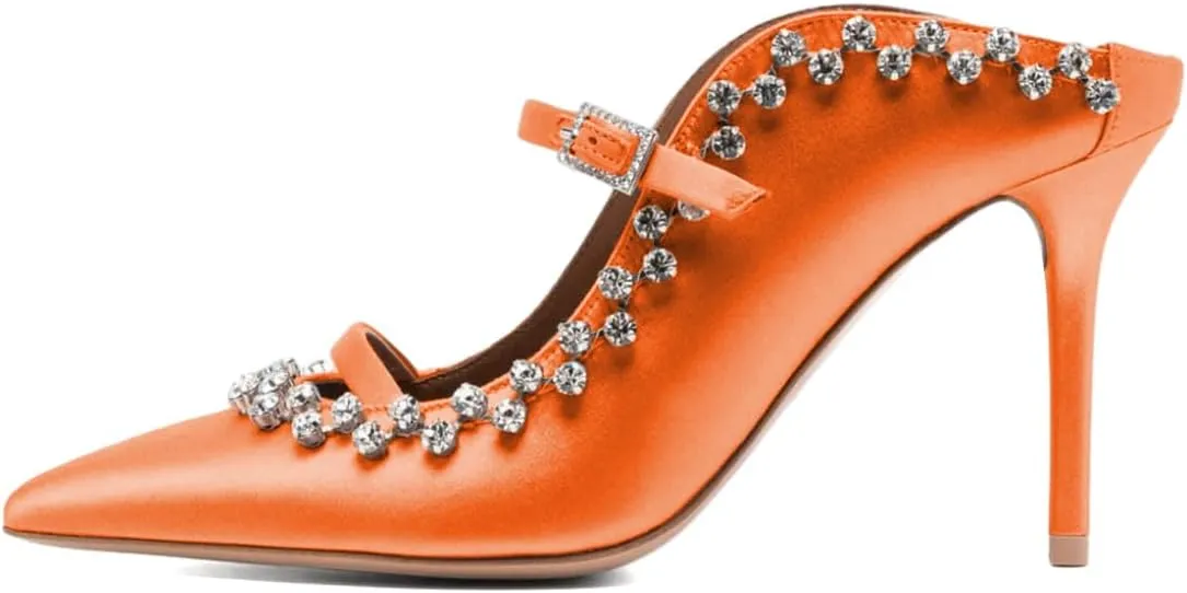 XYD Women's Satin Heeled Mules Stylish Pointed Toe Dual Straps Crystal Rhinestones Slip On Bridal Party Evening Sandals Shoes