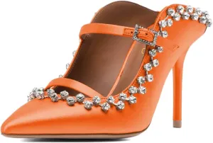 XYD Women's Satin Heeled Mules Stylish Pointed Toe Dual Straps Crystal Rhinestones Slip On Bridal Party Evening Sandals Shoes