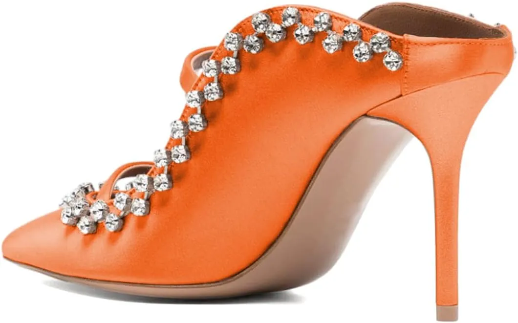 XYD Women's Satin Heeled Mules Stylish Pointed Toe Dual Straps Crystal Rhinestones Slip On Bridal Party Evening Sandals Shoes