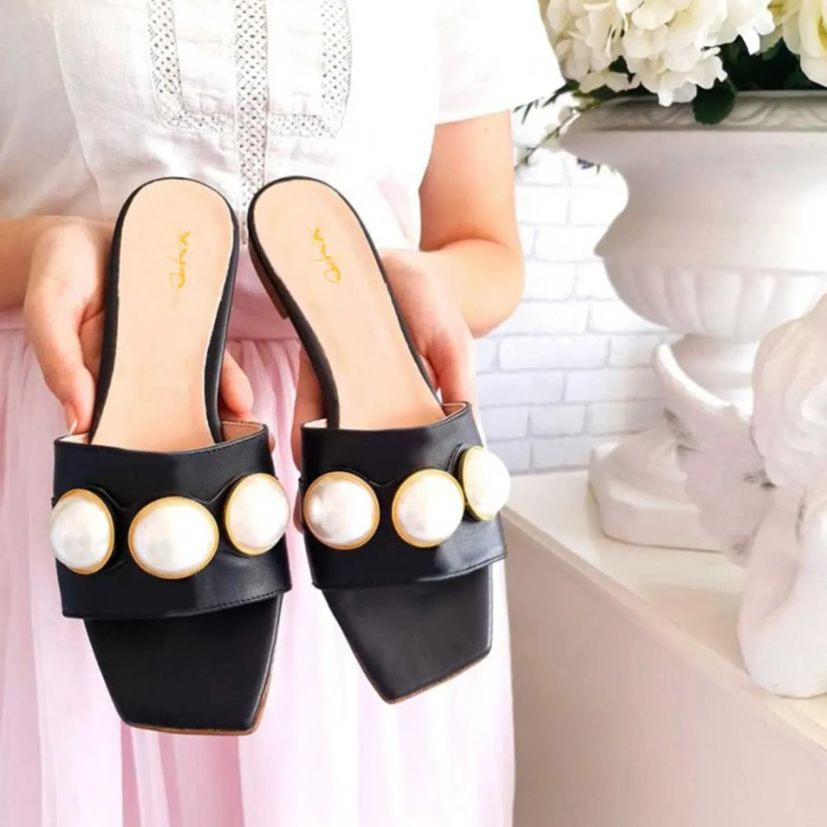 XYD Womens Square Open Toe Flat Beach Sandals Slip On Mule Slides Glossy Pearls Embellished Slipper Fashion Summer Dressy Shoes