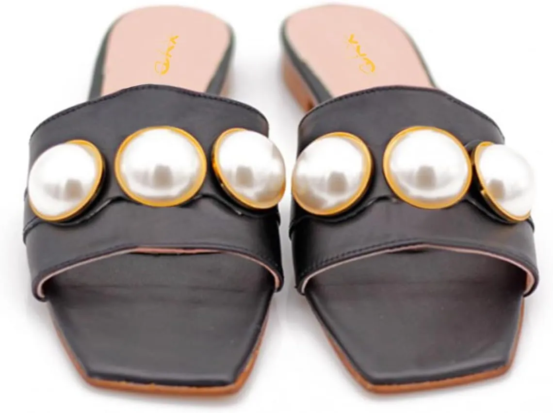 XYD Womens Square Open Toe Flat Beach Sandals Slip On Mule Slides Glossy Pearls Embellished Slipper Fashion Summer Dressy Shoes