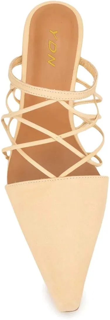 YDN Women Fashion Closed Pointy Toe Cross Strap Mule Mid High Chunky Stacked Heel Pumps Date Office Shoes