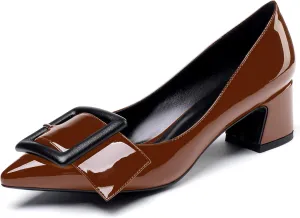 YODEKS Women's Low Block Heels Chunky Heels Slip On Pumps Closed Pointed Toe 2 Inch Dress Bow Loafer Shoes for Wedding Office
