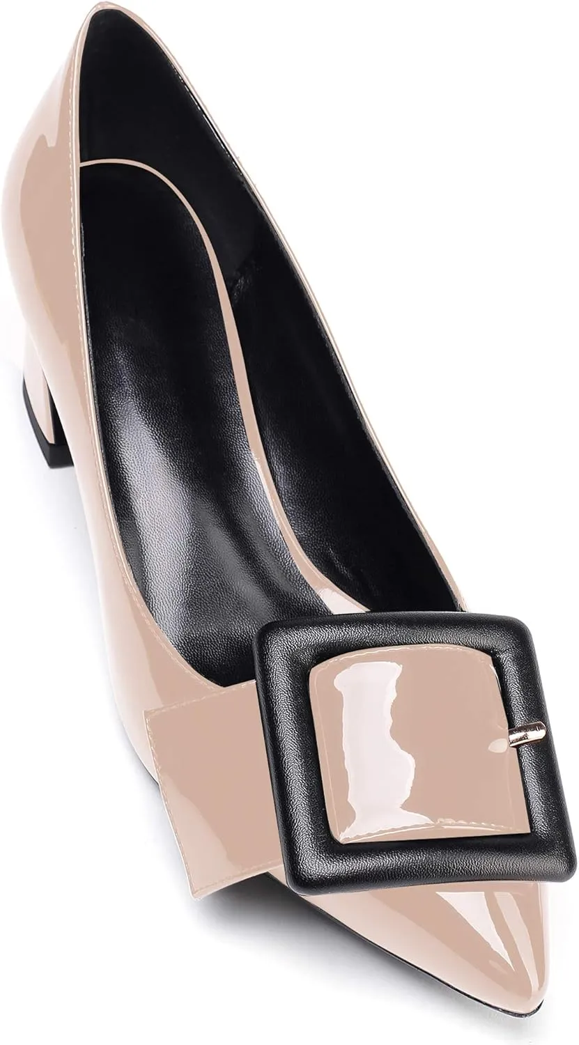 YODEKS Women's Low Block Heels Chunky Heels Slip On Pumps Closed Pointed Toe 2 Inch Dress Bow Loafer Shoes for Wedding Office