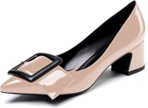 YODEKS Women's Low Block Heels Chunky Heels Slip On Pumps Closed Pointed Toe 2 Inch Dress Bow Loafer Shoes for Wedding Office