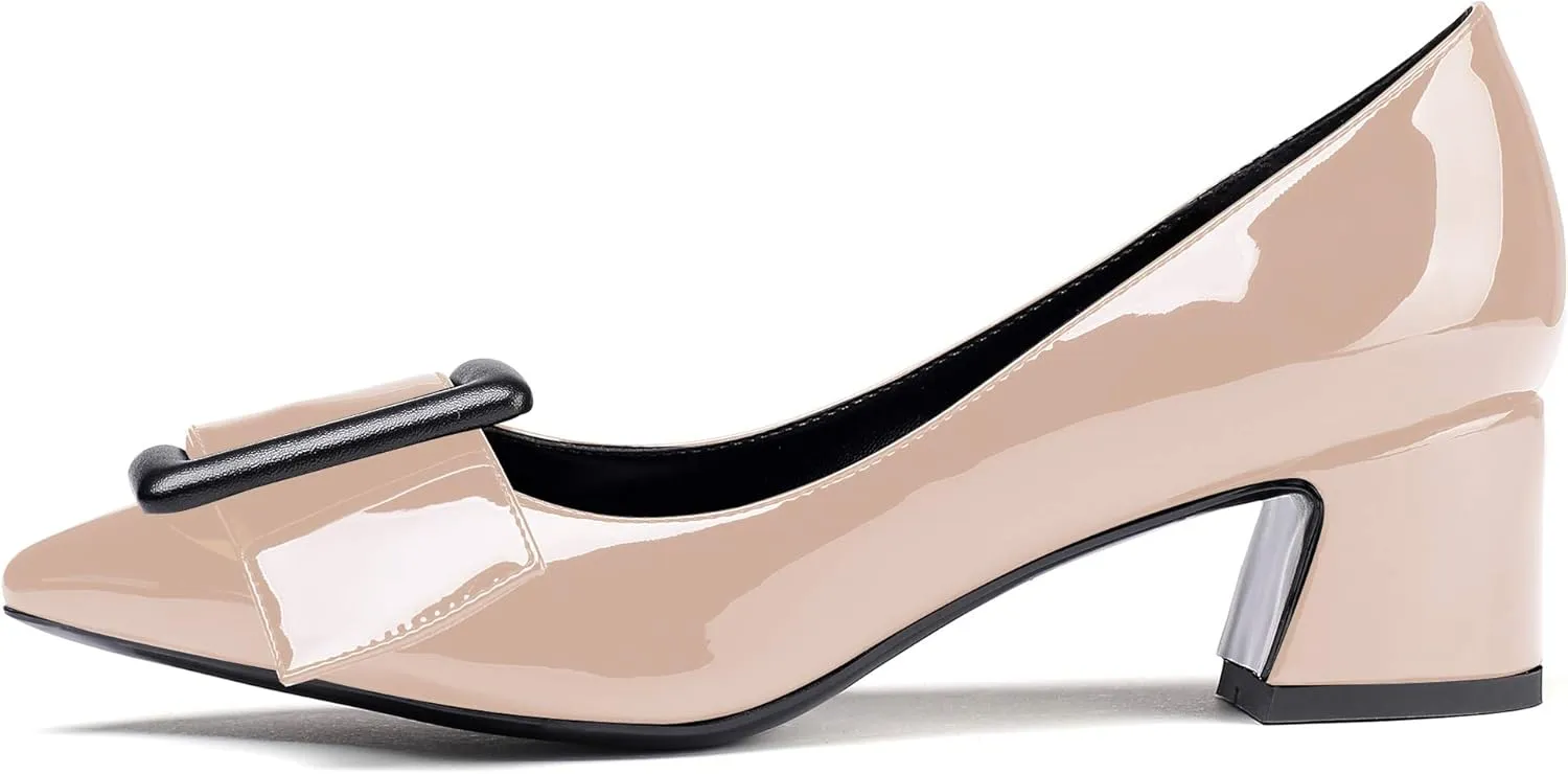 YODEKS Women's Low Block Heels Chunky Heels Slip On Pumps Closed Pointed Toe 2 Inch Dress Bow Loafer Shoes for Wedding Office