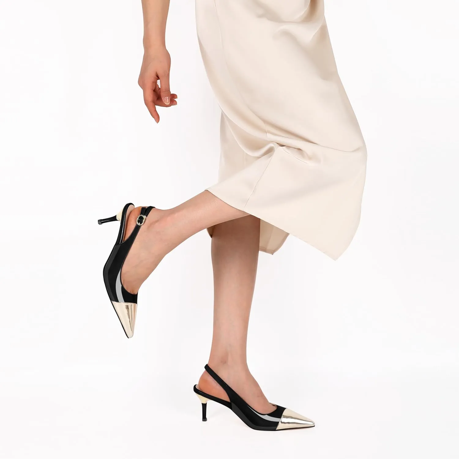 YODEKS Women's Slingback Heels Cap Toe Shoes Pointed Low Kitten Heel 2.5 Inch Pumps Two Tone Shoes for Casual Party Wedding Office