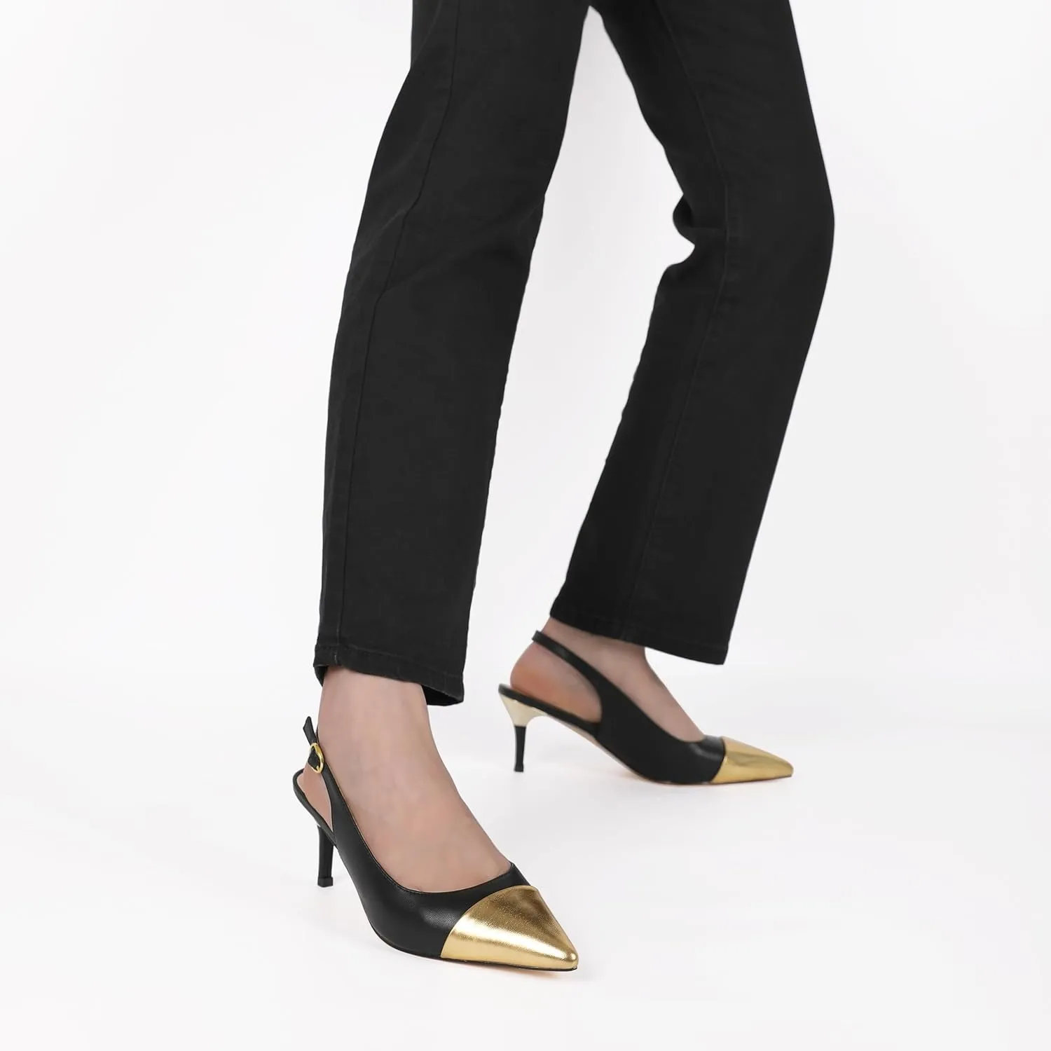YODEKS Women's Slingback Heels Cap Toe Shoes Pointed Low Kitten Heel 2.5 Inch Pumps Two Tone Shoes for Casual Party Wedding Office