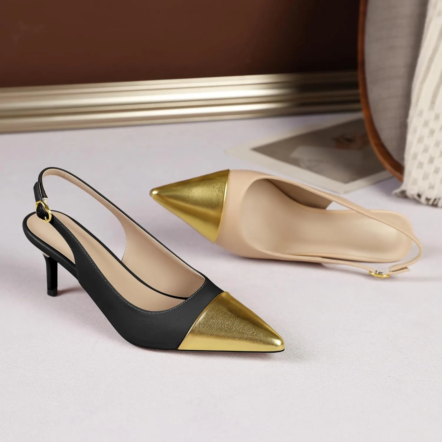 YODEKS Women's Slingback Heels Cap Toe Shoes Pointed Low Kitten Heel 2.5 Inch Pumps Two Tone Shoes for Casual Party Wedding Office