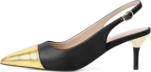 YODEKS Women's Slingback Heels Cap Toe Shoes Pointed Low Kitten Heel 2.5 Inch Pumps Two Tone Shoes for Casual Party Wedding Office
