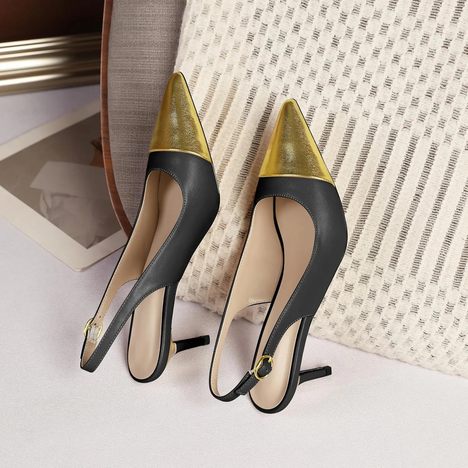 YODEKS Women's Slingback Heels Cap Toe Shoes Pointed Low Kitten Heel 2.5 Inch Pumps Two Tone Shoes for Casual Party Wedding Office