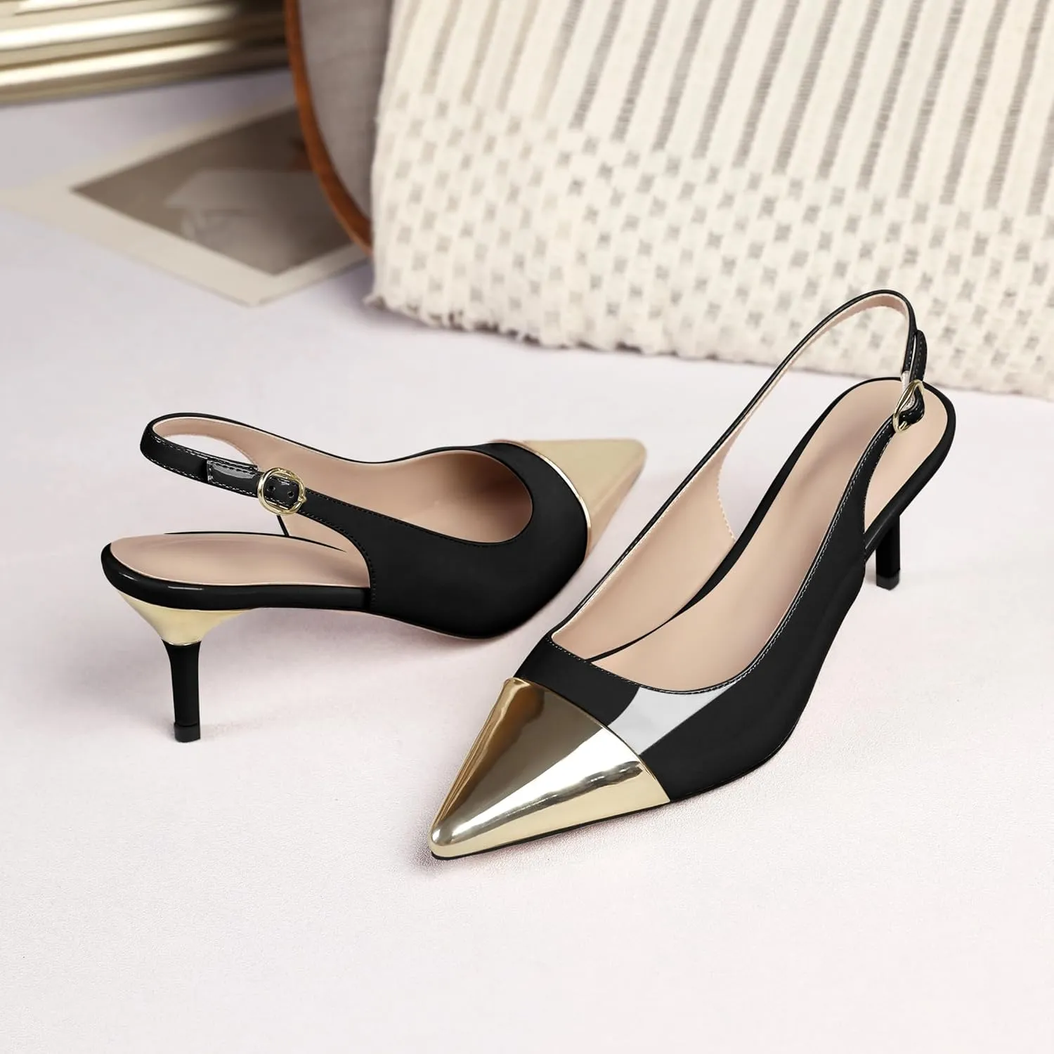 YODEKS Women's Slingback Heels Cap Toe Shoes Pointed Low Kitten Heel 2.5 Inch Pumps Two Tone Shoes for Casual Party Wedding Office