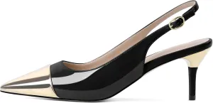 YODEKS Women's Slingback Heels Cap Toe Shoes Pointed Low Kitten Heel 2.5 Inch Pumps Two Tone Shoes for Casual Party Wedding Office