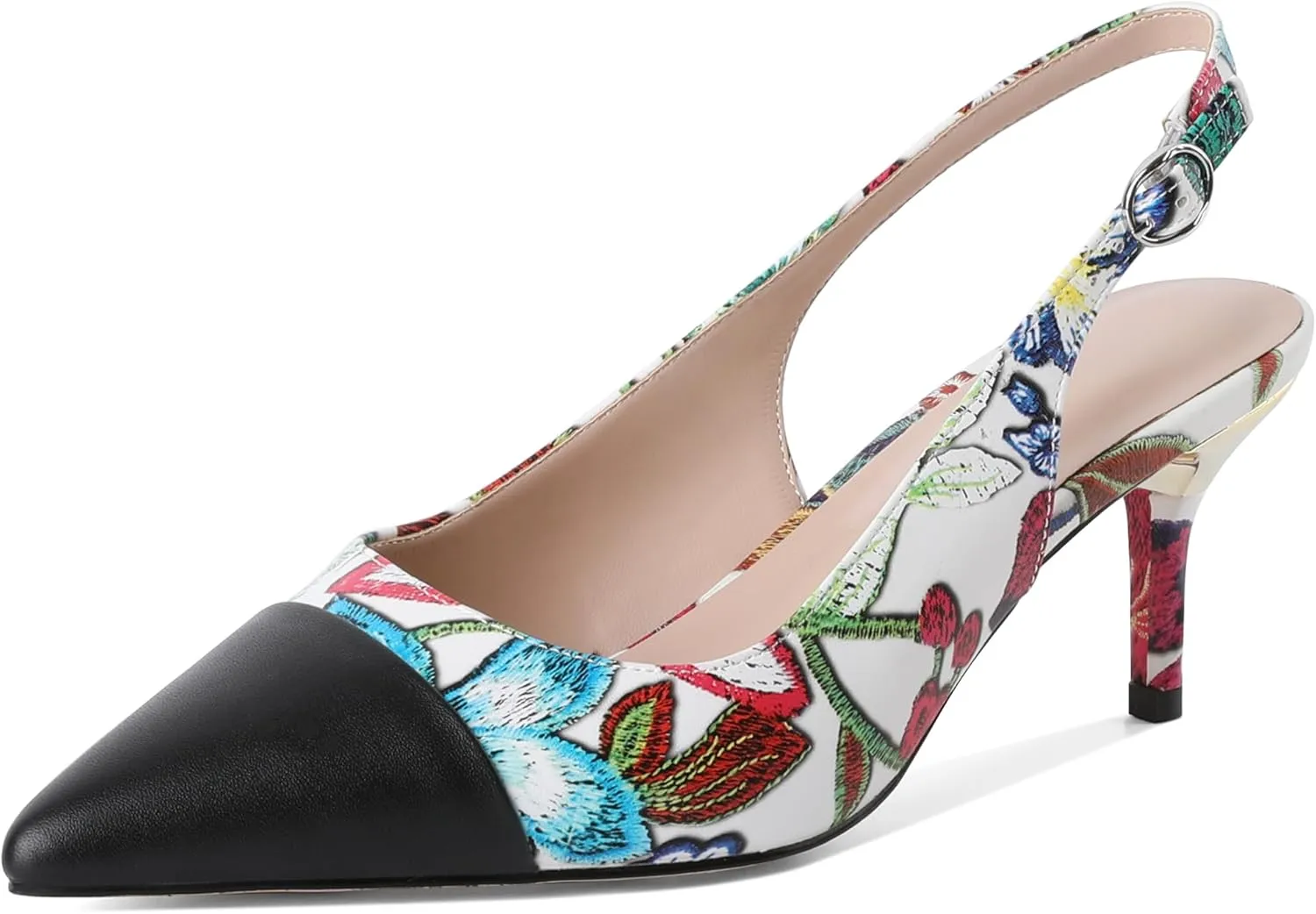 YODEKS Women's Slingback Heels Cap Toe Shoes Pointed Low Kitten Heel Pumps 2.5 Inch Two Tone Dress Shoes for Casual Party Wedding Office