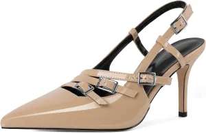 YODEKS Women's Slingback Heels Pointed Toe Buckle Straps High Heel Pumps 3.5 Inch Shoes Size 5-13