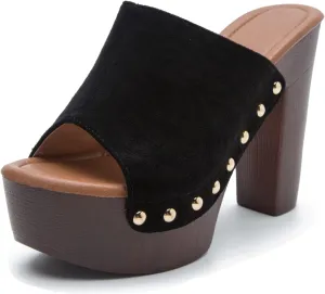 YooPrettyz Women Slip On Wood Like Platform Chunky High Heels Peep Toe Studded Evening Dress Slide Shoes