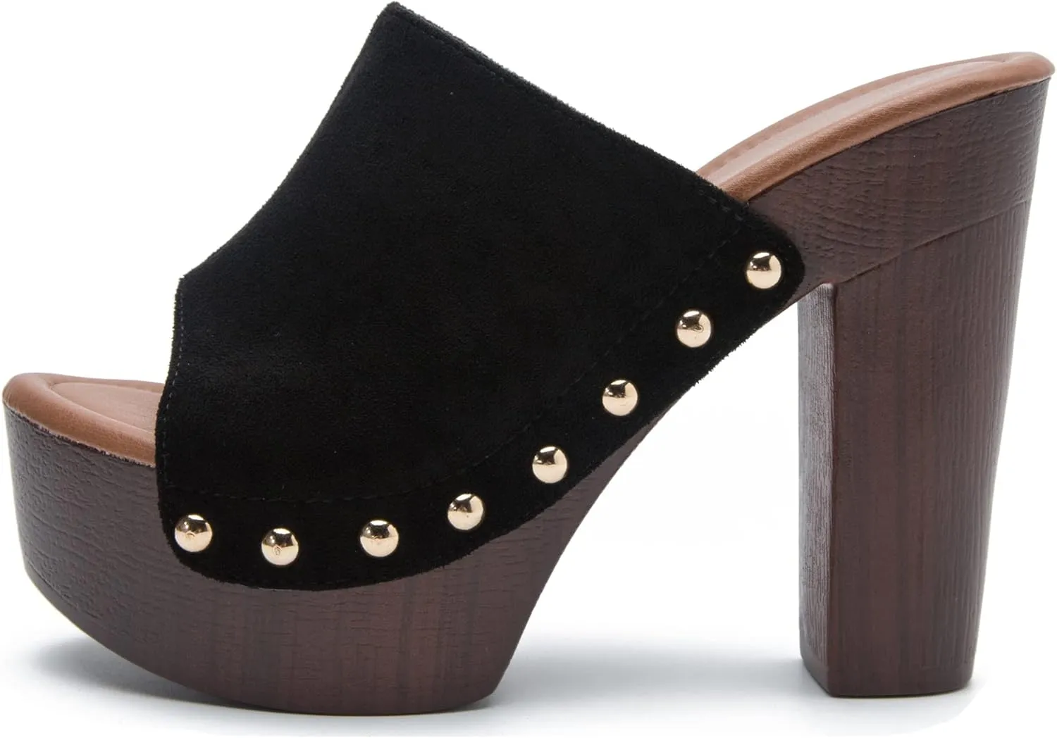 YooPrettyz Women Slip On Wood Like Platform Chunky High Heels Peep Toe Studded Evening Dress Slide Shoes